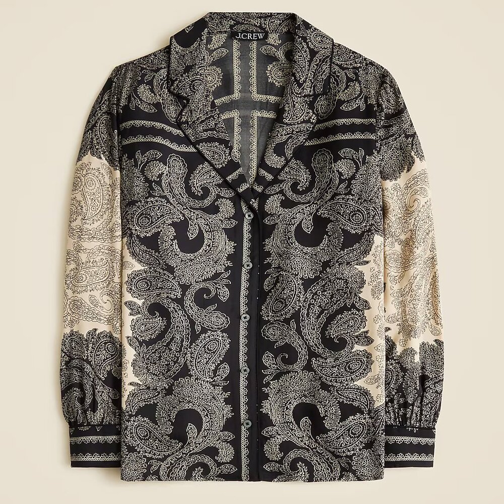 J.Crew Drapey camp-collar shirt in paisley scarf print, black, XS